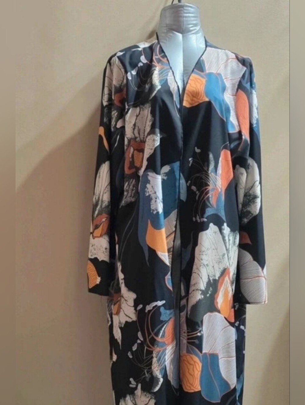 Black Floral Long Duster with Blue & Orange Accents XXL